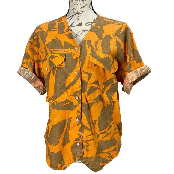 Vintage 90s TOTOnKO Orange Brown Cotton Linen Button-Up Boxy Top Campy Boho - Picture 1 of 9